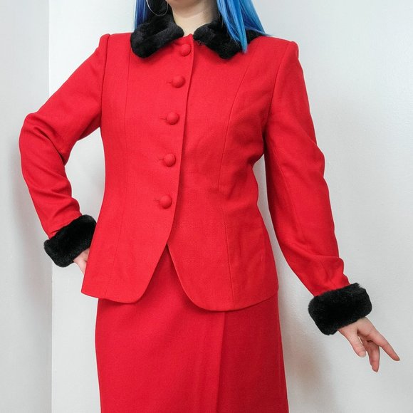 Vintage Jackets & Blazers - Vintage 90s Red & Black Faux Fur Trim Blazer Jacket